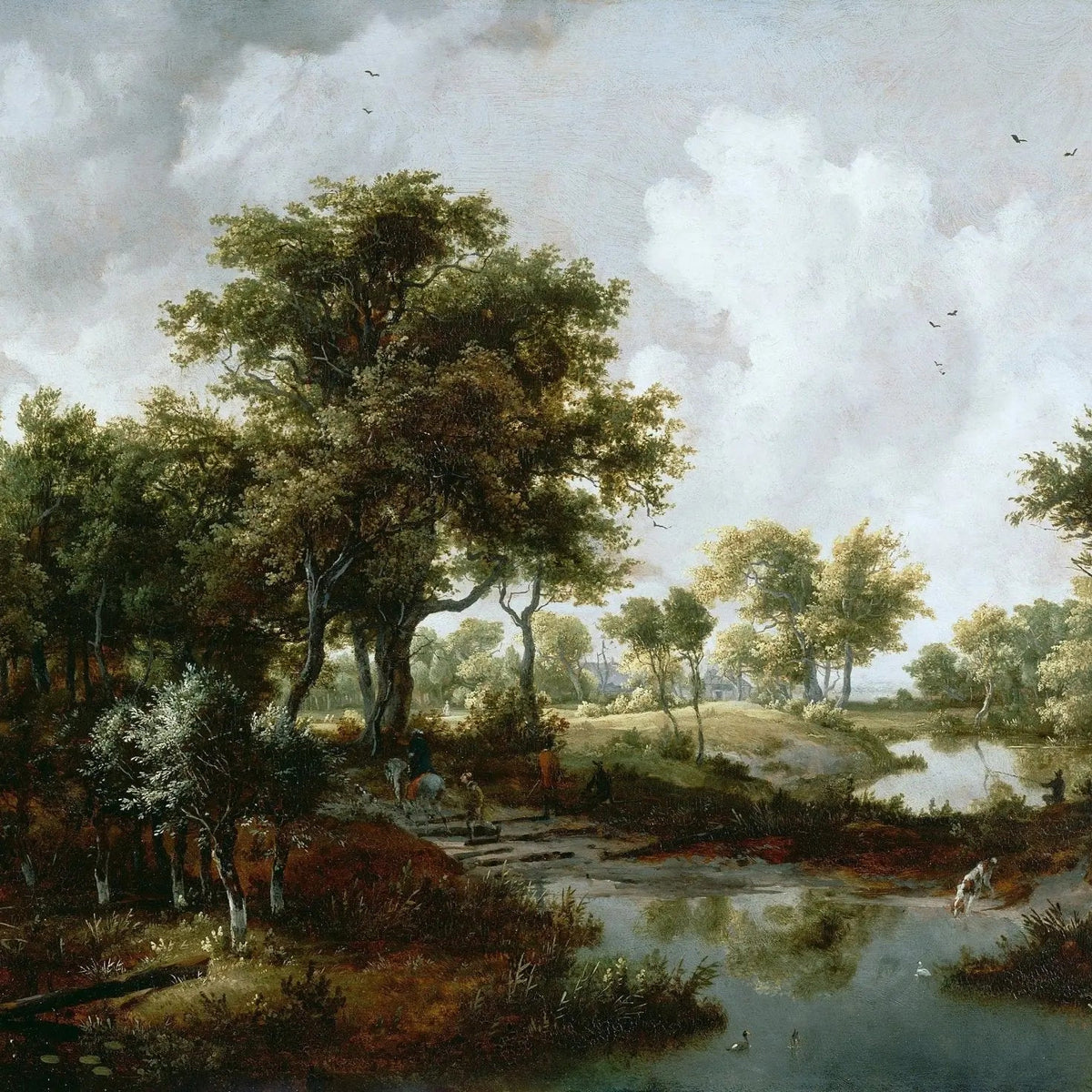 Landscape Oil Painting - Forest Stream with Figures & Wildlife - Oil Painting Haven