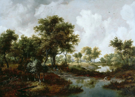 Landscape Oil Painting - Forest Stream with Figures & Wildlife - Oil Painting Haven