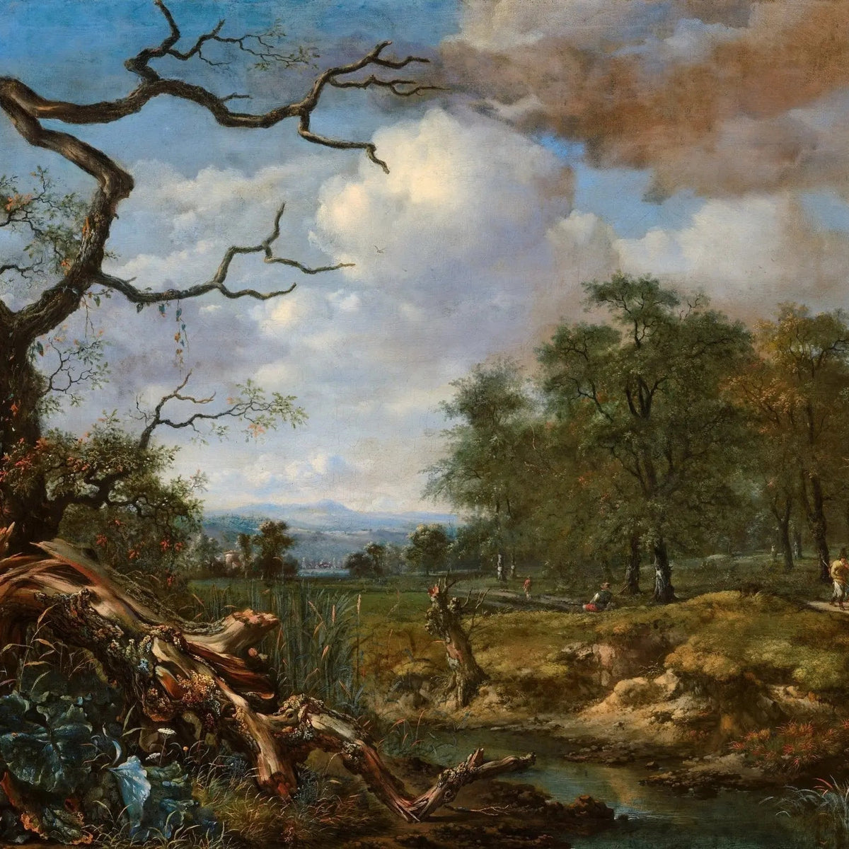 Landscape Oil Painting: Forest Stream with Gnarled Tree & Figures - Oil Painting Haven