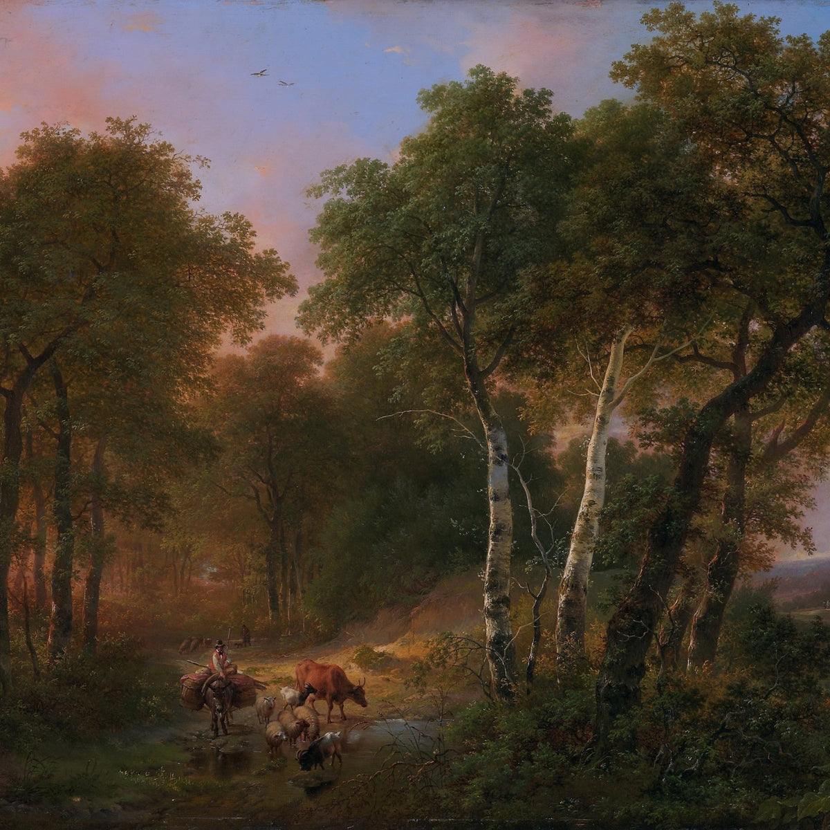 Hand-painted forest stream with herdsman at dusk landscape oil painting on canvas