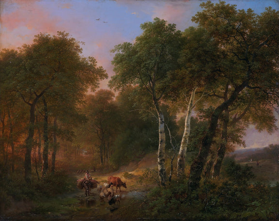 Hand-painted forest stream with herdsman at dusk landscape oil painting on canvas