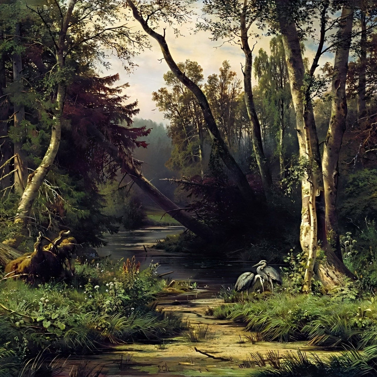 Landscape Oil Painting - Forest Stream with Herons Wall Art - Oil Painting Haven