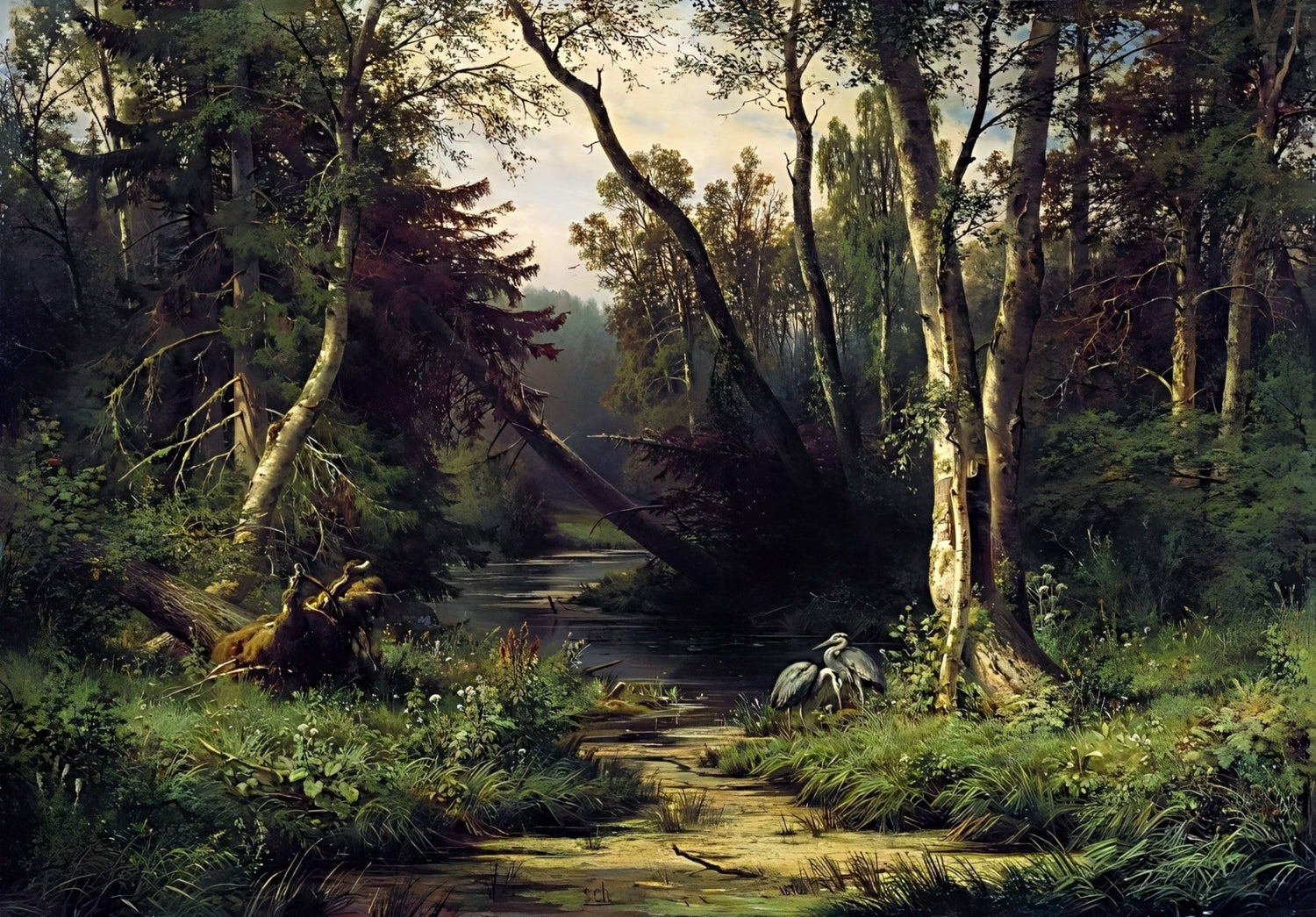 Landscape Oil Painting - Forest Stream with Herons Wall Art - Oil Painting Haven