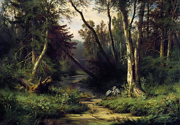 Landscape Oil Painting - Forest Stream with Herons Wall Art - Oil Painting Haven