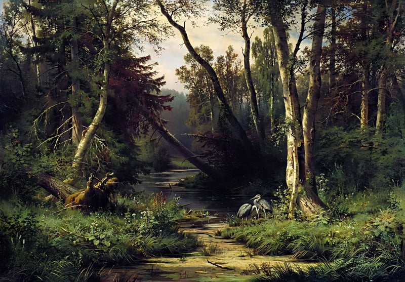 Landscape Oil Painting - Forest Stream with Herons Wall Art - Oil Painting Haven