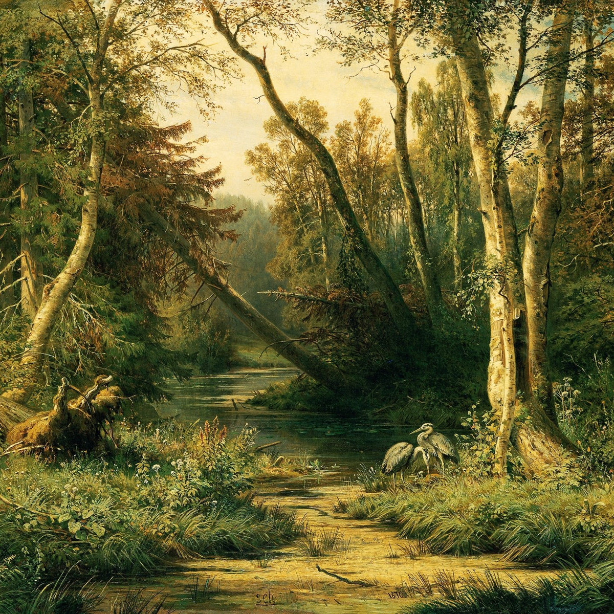 Hand painted landscape oil painting on canvas featuring a forest stream with herons, textured brushwork captures dense trees . - Add Frame, Canvas, Forest, Hand Painted, Landscape, Made To Order, Oil Painting, River
