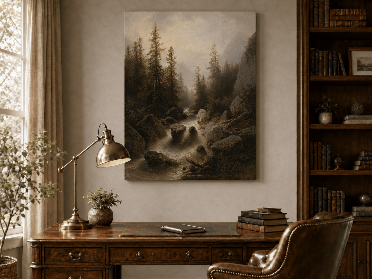Peinture à l'huile de paysage - Ruisseau forestier avec rochers et arbres