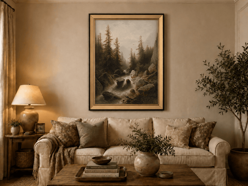 Peinture à l'huile de paysage - Ruisseau forestier avec rochers et arbres