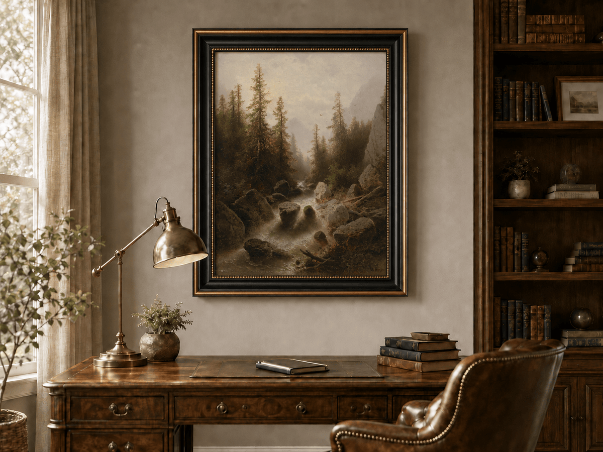 Peinture à l'huile de paysage - Ruisseau forestier avec rochers et arbres
