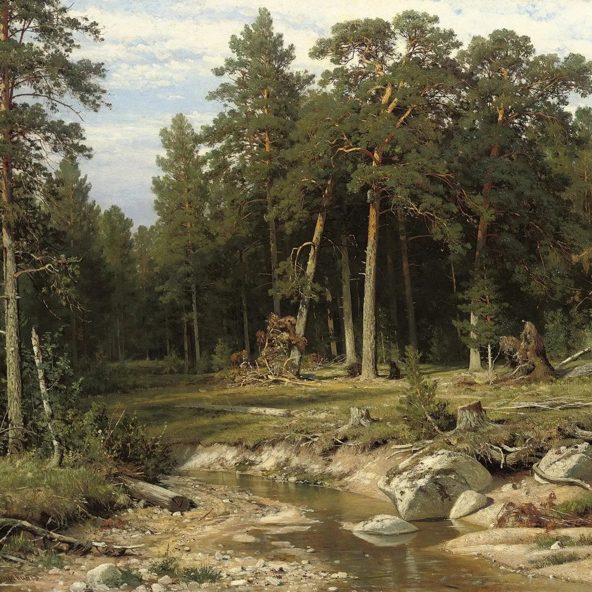 Landscape Oil Painting - Forest Stream with Tall Pines Wall Art - Oil Painting Haven