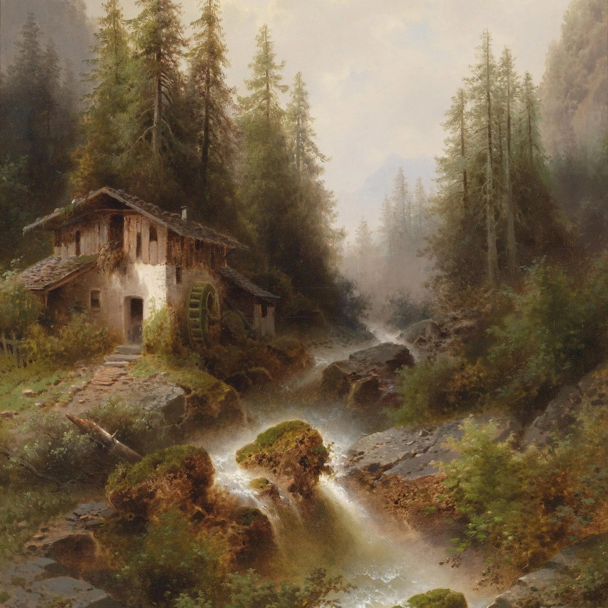 Landscape Oil Painting - Forest Stream with Watermill & Rocks - Oil Painting Haven