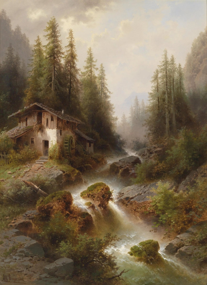 Landscape Oil Painting - Forest Stream with Watermill & Rocks - Oil Painting Haven