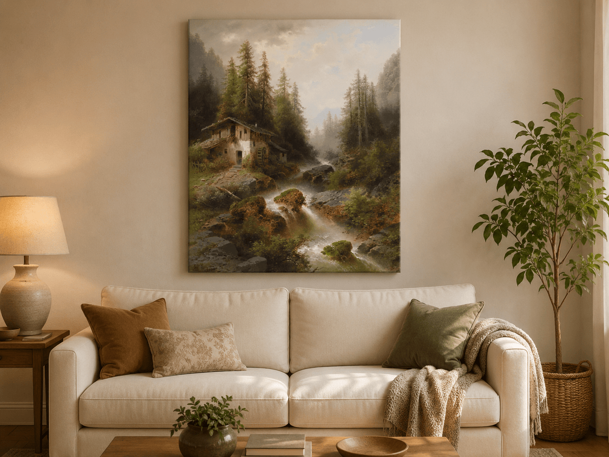 Landschaftsgemälde in Öl – Waldbach mit Wassermühle und Felsen