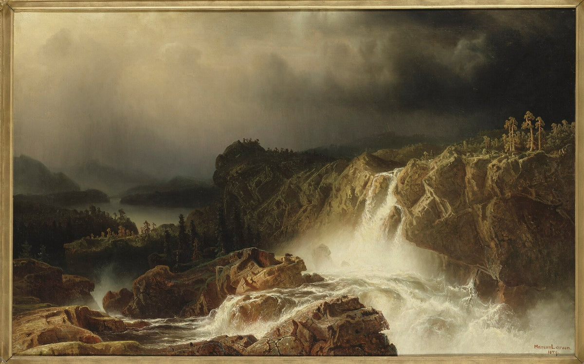 Hand-painted forest waterfall and rocky gorge landscape oil painting on canvas