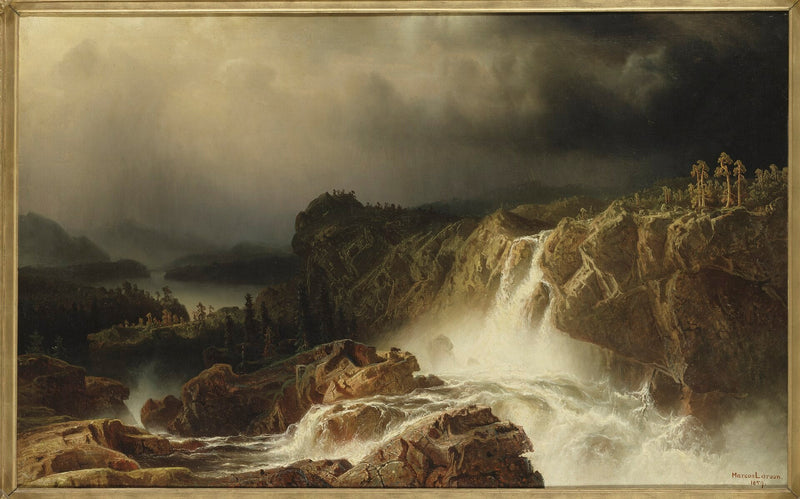 Hand-painted forest waterfall and rocky gorge landscape oil painting on canvas