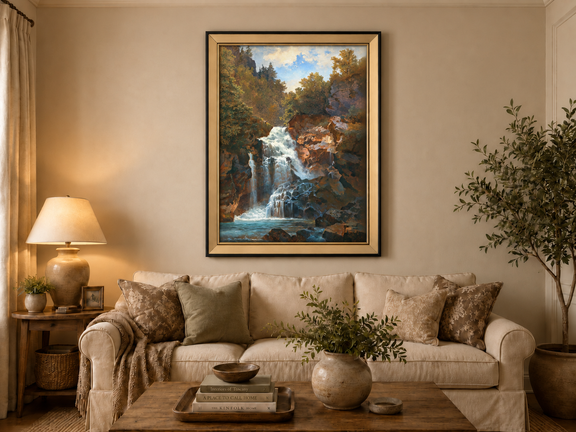 Hand-painted Forest Waterfall and Rocky Gorge Scene landscape oil painting displayed as wall art in a styled interior