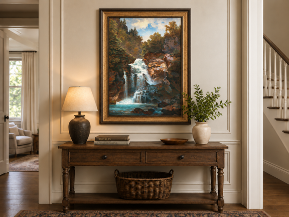 Hand-painted Forest Waterfall and Rocky Gorge Scene landscape oil painting displayed as wall art in a styled interior