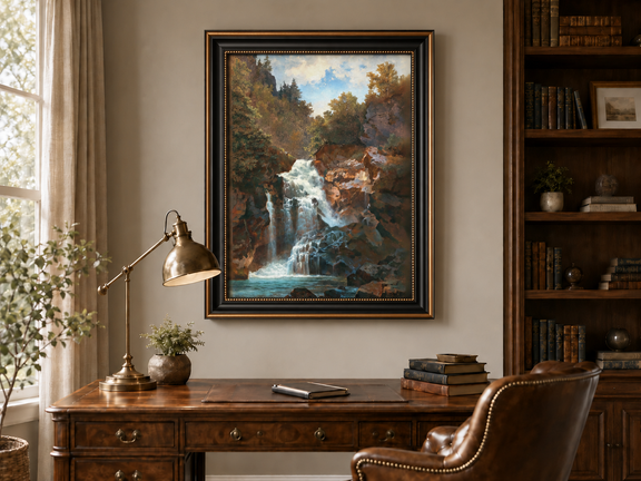 Hand-painted Forest Waterfall and Rocky Gorge Scene landscape oil painting displayed as wall art in a styled interior