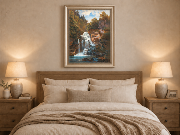Hand-painted Forest Waterfall and Rocky Gorge Scene landscape oil painting displayed as wall art in a styled interior