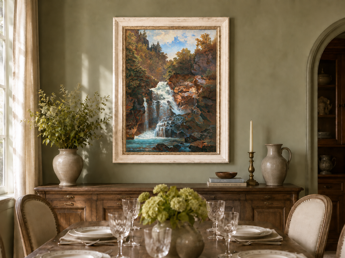 Hand-painted Forest Waterfall and Rocky Gorge Scene landscape oil painting displayed as wall art in a styled interior