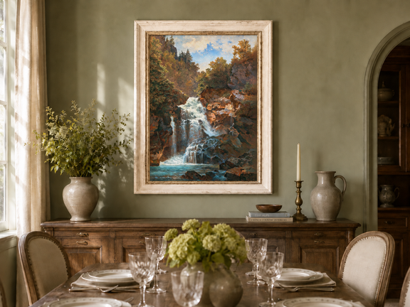 Hand-painted Forest Waterfall and Rocky Gorge Scene landscape oil painting displayed as wall art in a styled interior