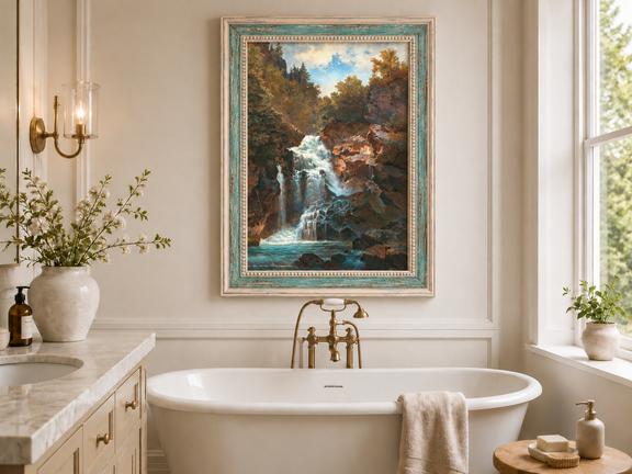 Hand-painted Forest Waterfall and Rocky Gorge Scene landscape oil painting displayed as wall art in a styled interior