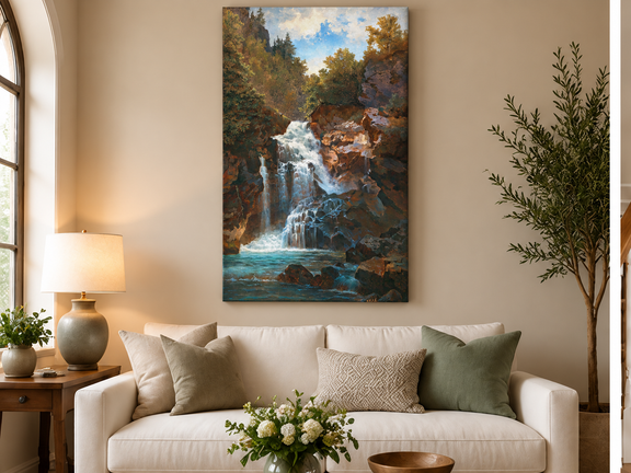 Hand-painted Forest Waterfall and Rocky Gorge Scene landscape oil painting displayed as wall art in a styled interior