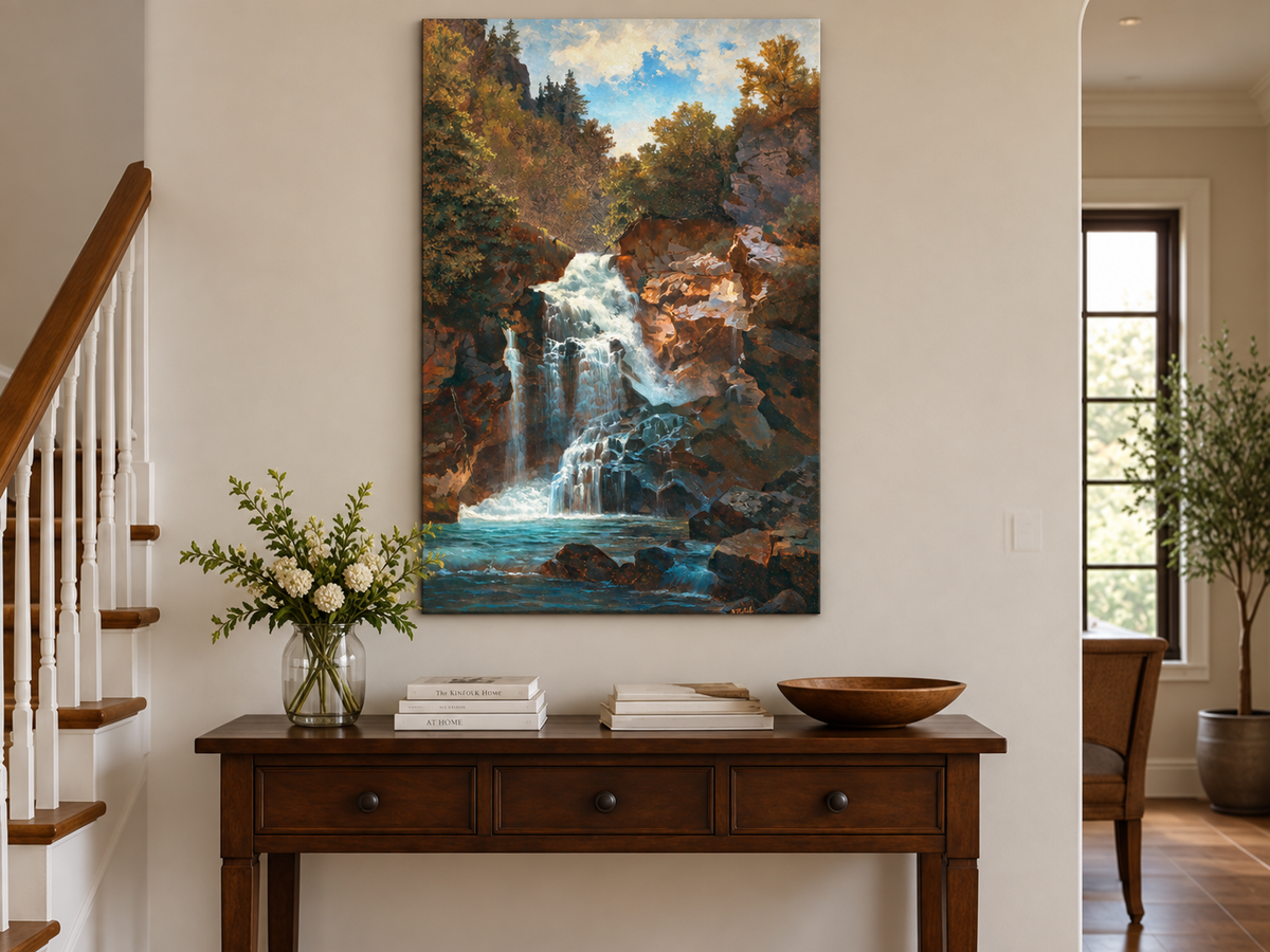 Hand-painted Forest Waterfall and Rocky Gorge Scene landscape oil painting displayed as wall art in a styled interior