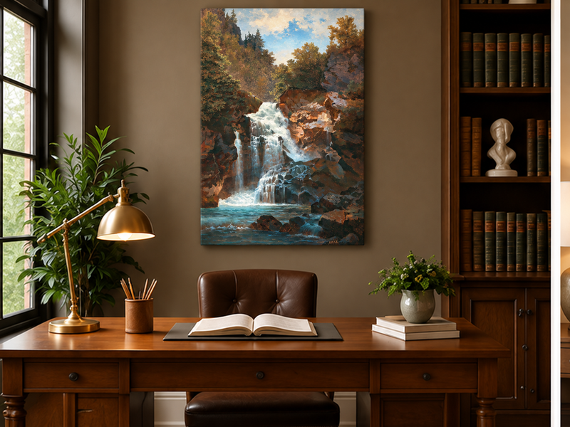 Hand-painted Forest Waterfall and Rocky Gorge Scene landscape oil painting displayed as wall art in a styled interior