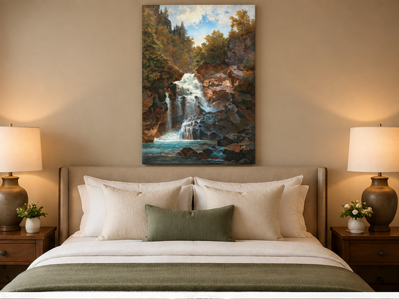 Hand-painted Forest Waterfall and Rocky Gorge Scene landscape oil painting displayed as wall art in a styled interior