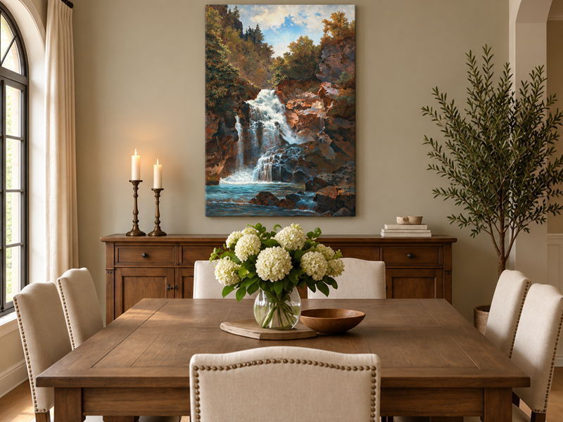 Hand-painted Forest Waterfall and Rocky Gorge Scene landscape oil painting displayed as wall art in a styled interior