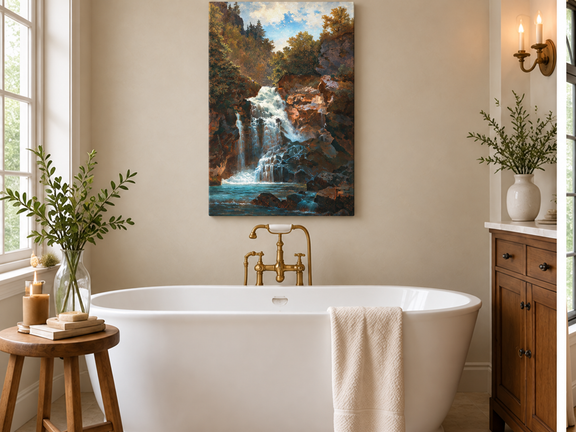 Hand-painted Forest Waterfall and Rocky Gorge Scene landscape oil painting displayed as wall art in a styled interior