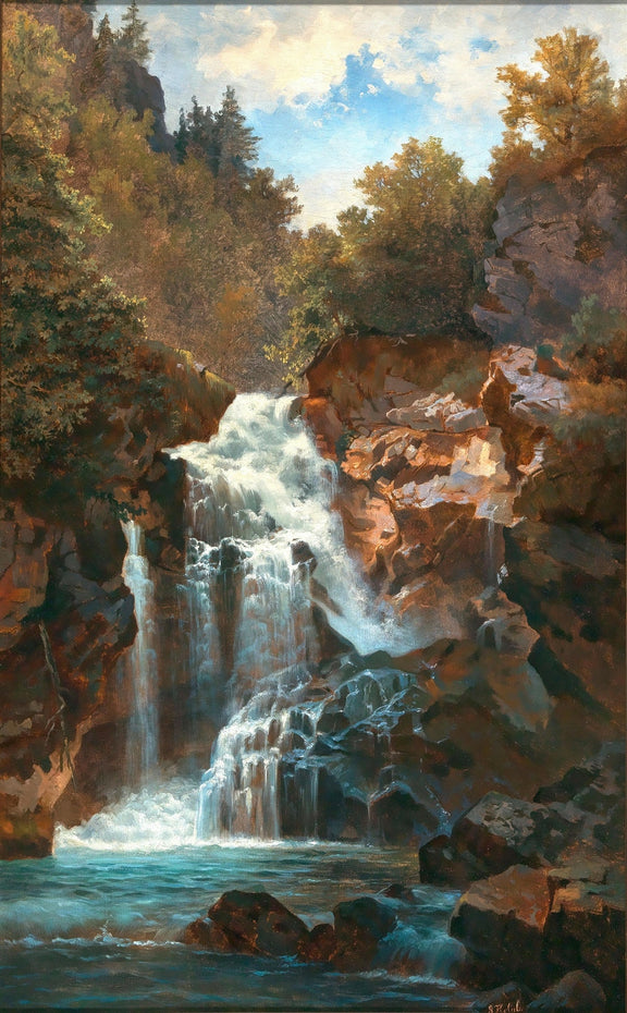 Hand-painted forest waterfall and rocky gorge scene landscape oil painting on canvas