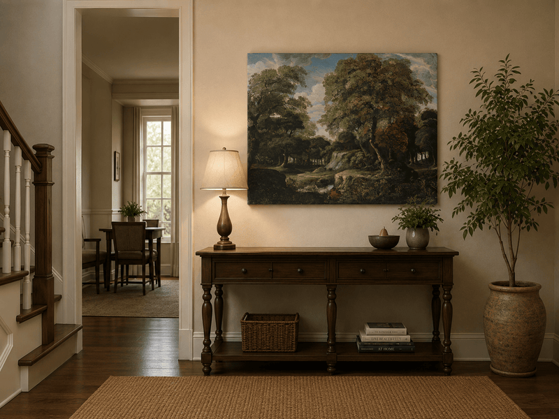 Peinture à l'huile de paysage - Gouffre rocheux spectaculaire avec personnages
