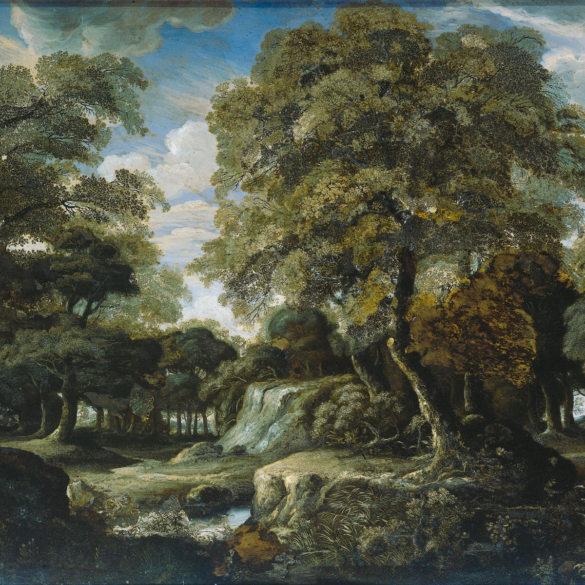 Hand-painted forest waterfall beneath majestic trees landscape oil painting on canvas