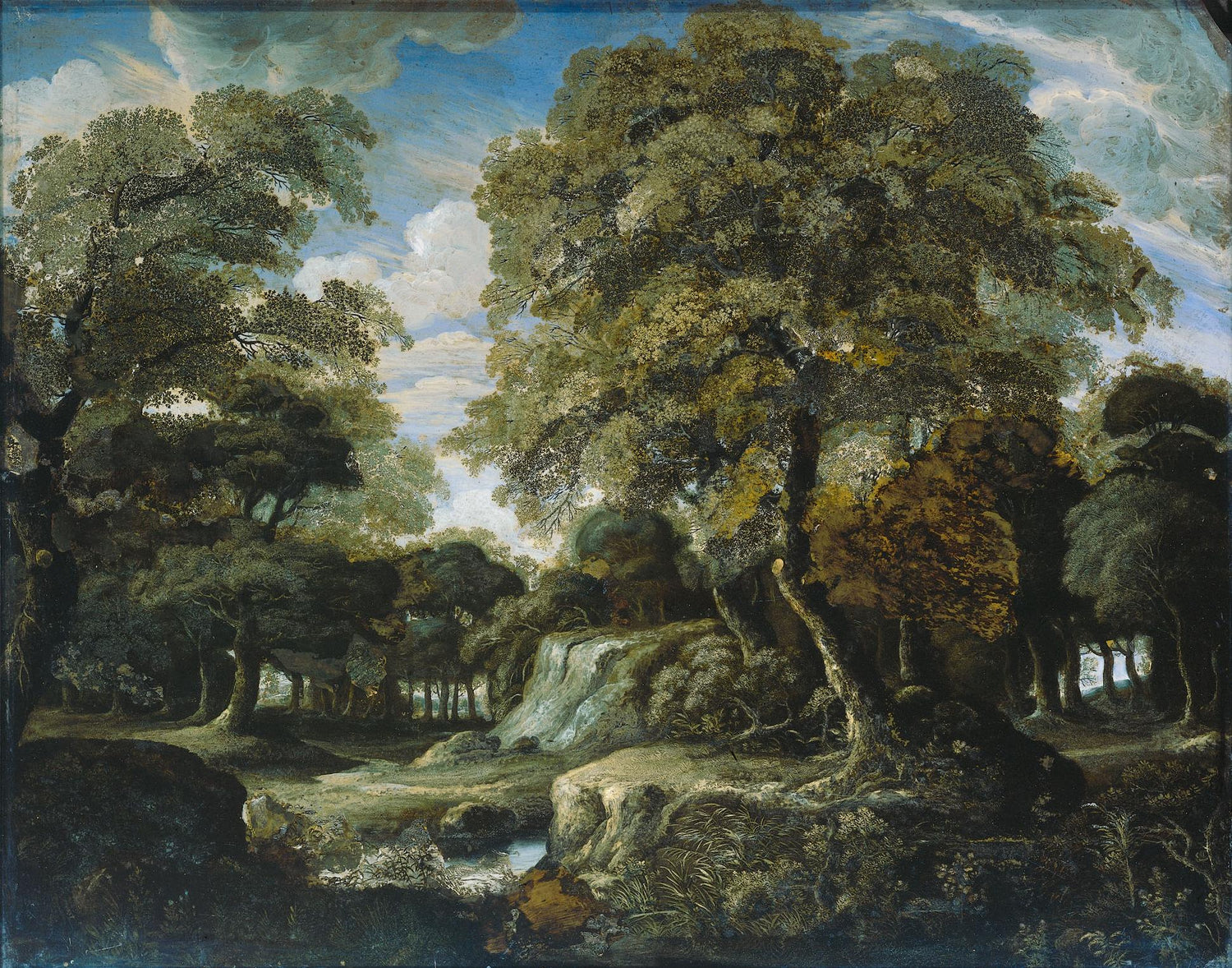 Landscape Oil Painting - Forest Waterfall Beneath Majestic Trees - Oil Painting Haven