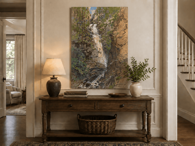 Landscape Oil Painting - Forest Waterfall in Rocky Alpine Gorge