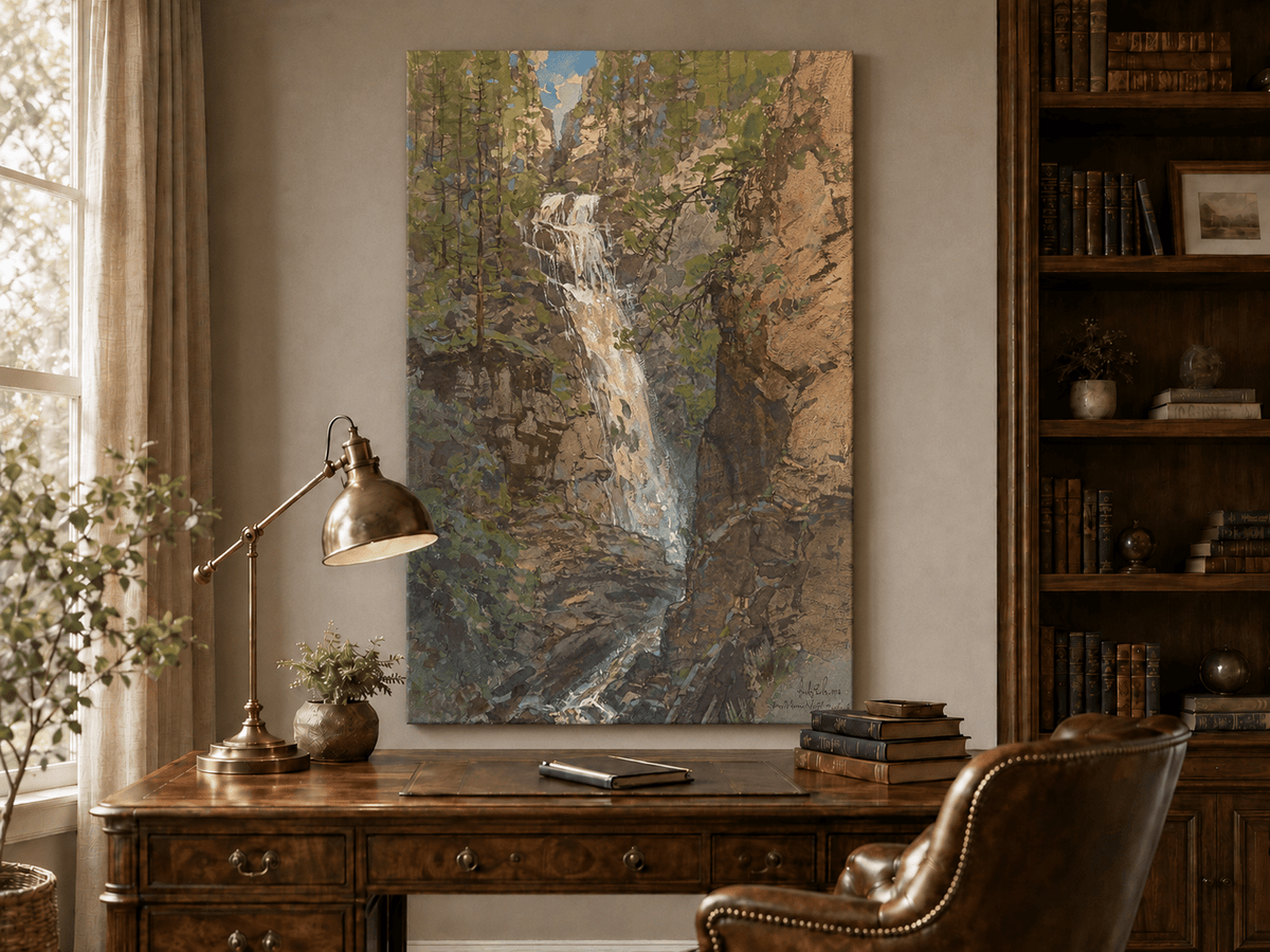 Landscape Oil Painting - Forest Waterfall in Rocky Alpine Gorge