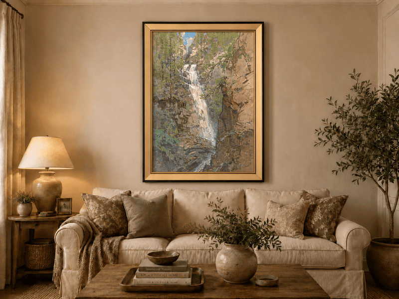 Landscape Oil Painting - Forest Waterfall in Rocky Alpine Gorge