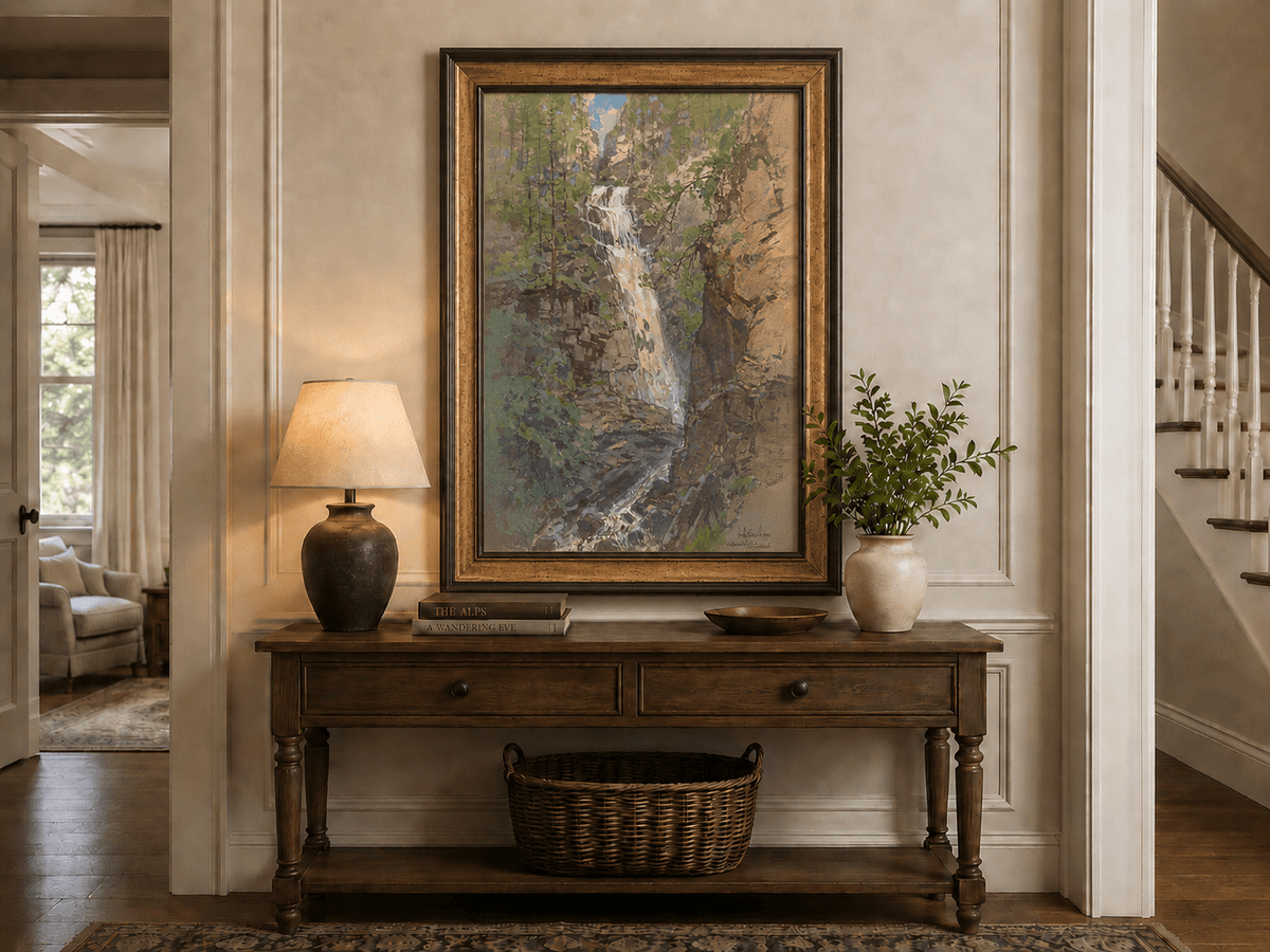 Landscape Oil Painting - Forest Waterfall in Rocky Alpine Gorge