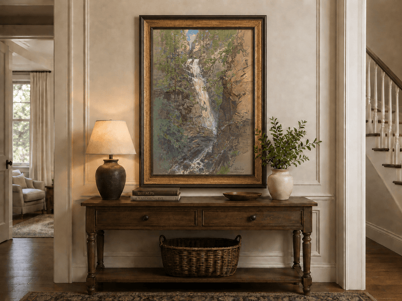 Landscape Oil Painting - Forest Waterfall in Rocky Alpine Gorge