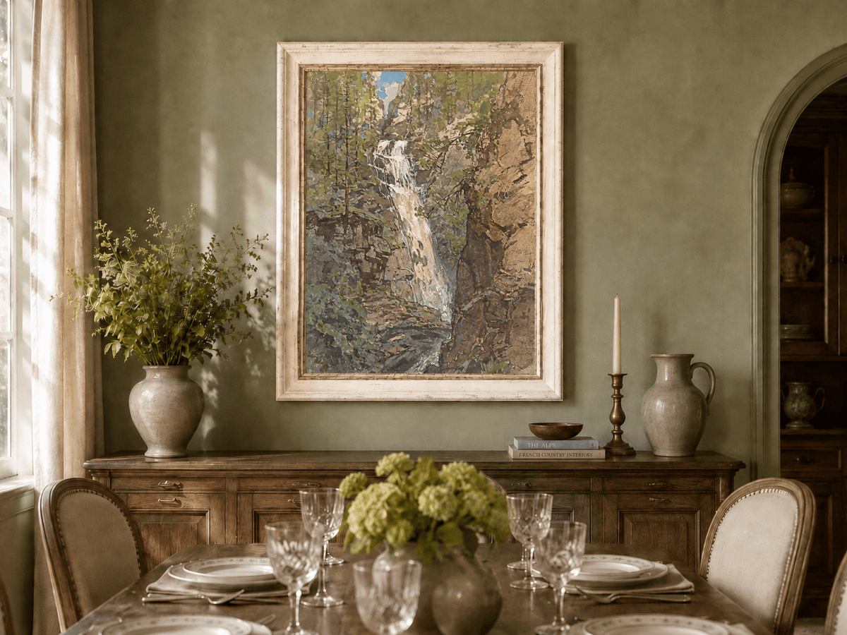 Landscape Oil Painting - Forest Waterfall in Rocky Alpine Gorge