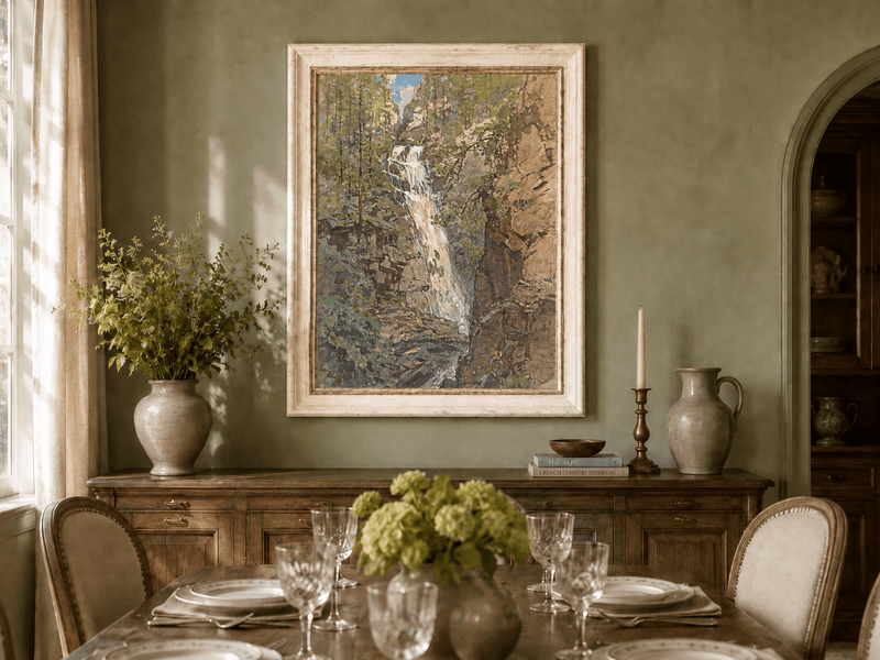 Landscape Oil Painting - Forest Waterfall in Rocky Alpine Gorge