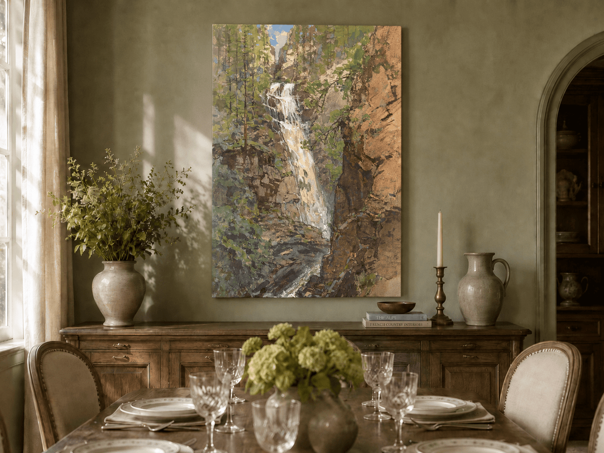 Landscape Oil Painting - Forest Waterfall in Rocky Alpine Gorge