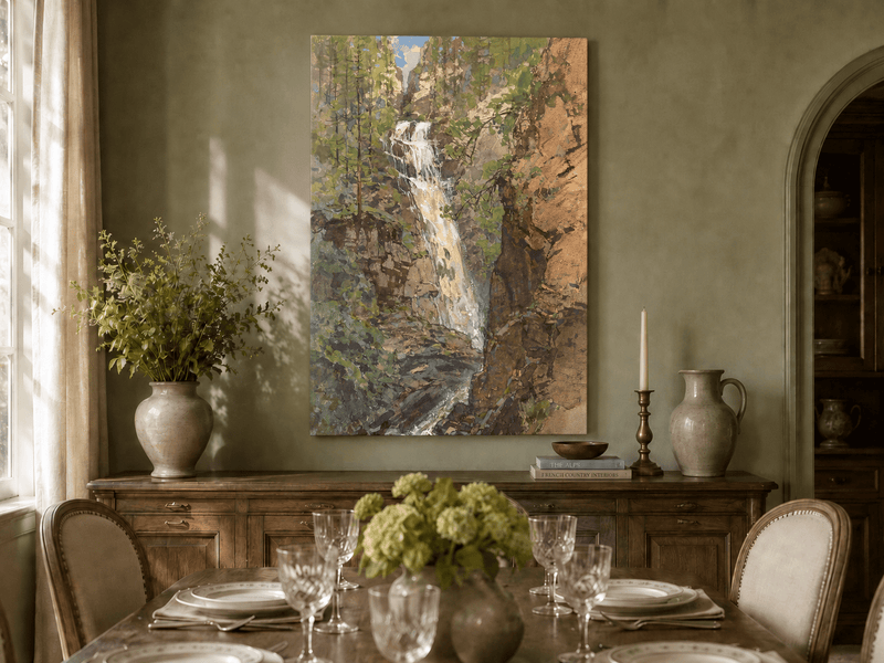 Landscape Oil Painting - Forest Waterfall in Rocky Alpine Gorge