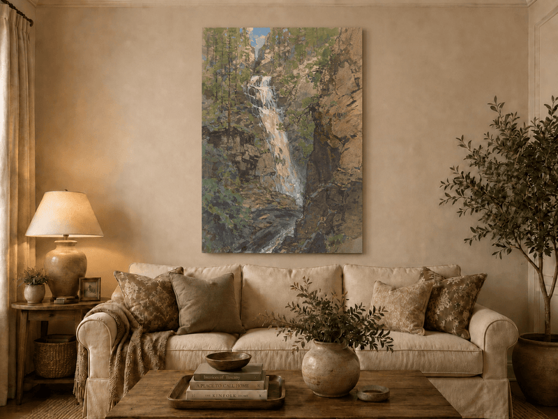 Landscape Oil Painting - Forest Waterfall in Rocky Alpine Gorge