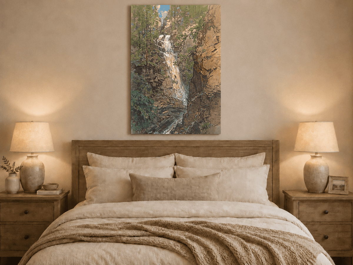 Landscape Oil Painting - Forest Waterfall in Rocky Alpine Gorge