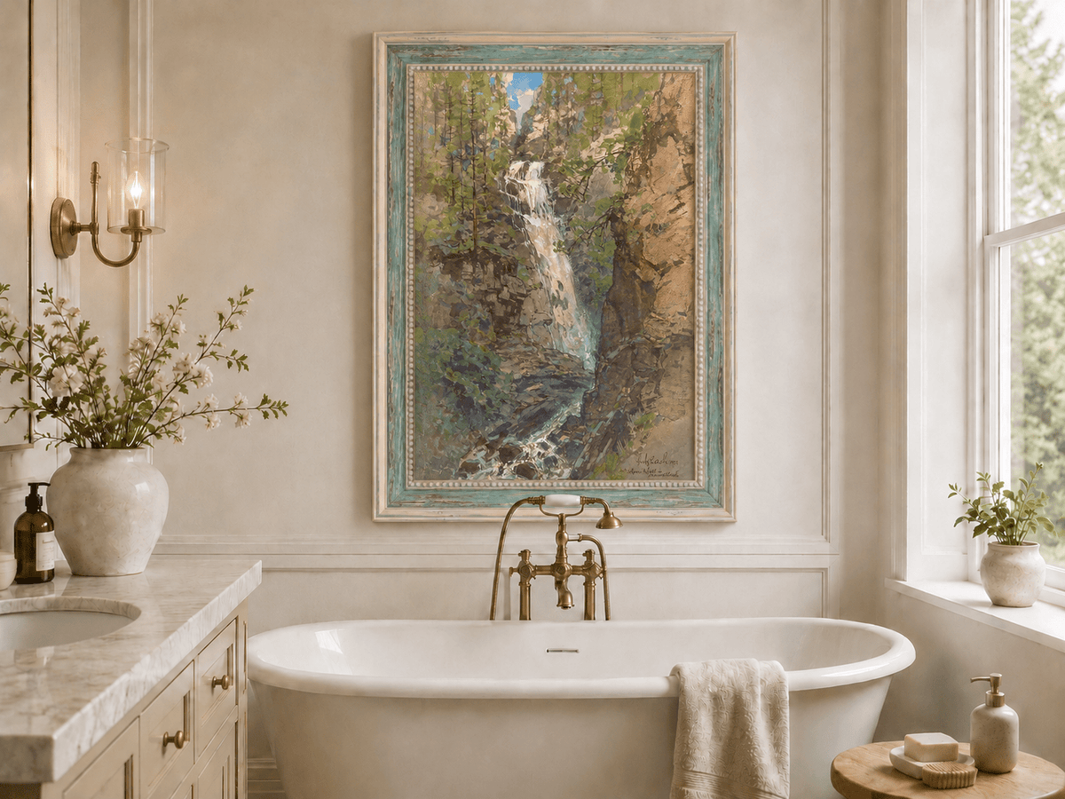 Landscape Oil Painting - Forest Waterfall in Rocky Alpine Gorge