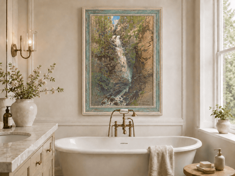Landscape Oil Painting - Forest Waterfall in Rocky Alpine Gorge