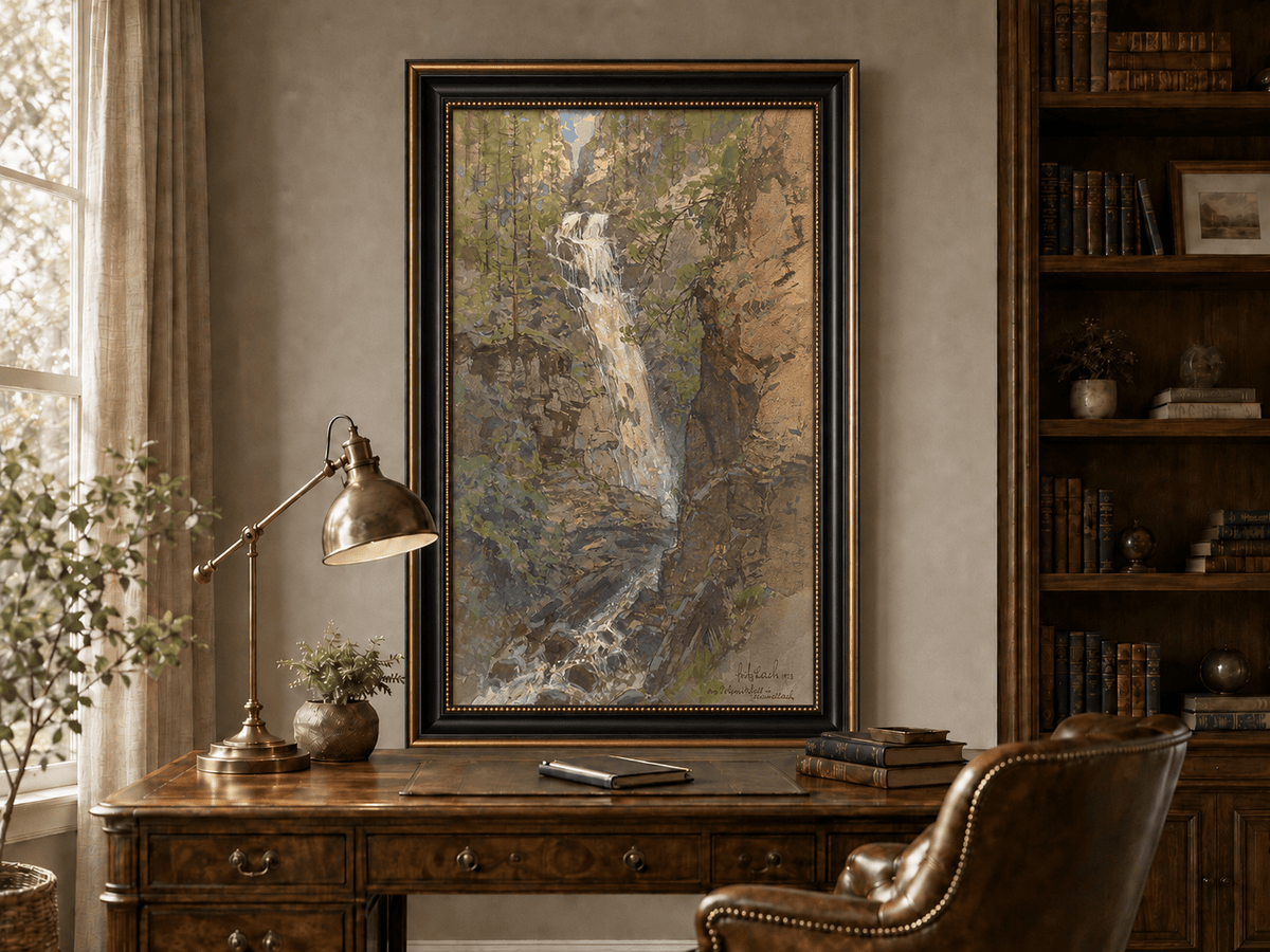 Landscape Oil Painting - Forest Waterfall in Rocky Alpine Gorge